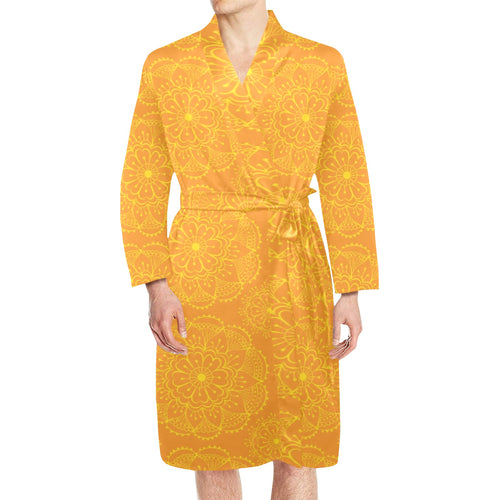 Orange traditional indian element pattern Men's Long Sleeve Belted Night Robe