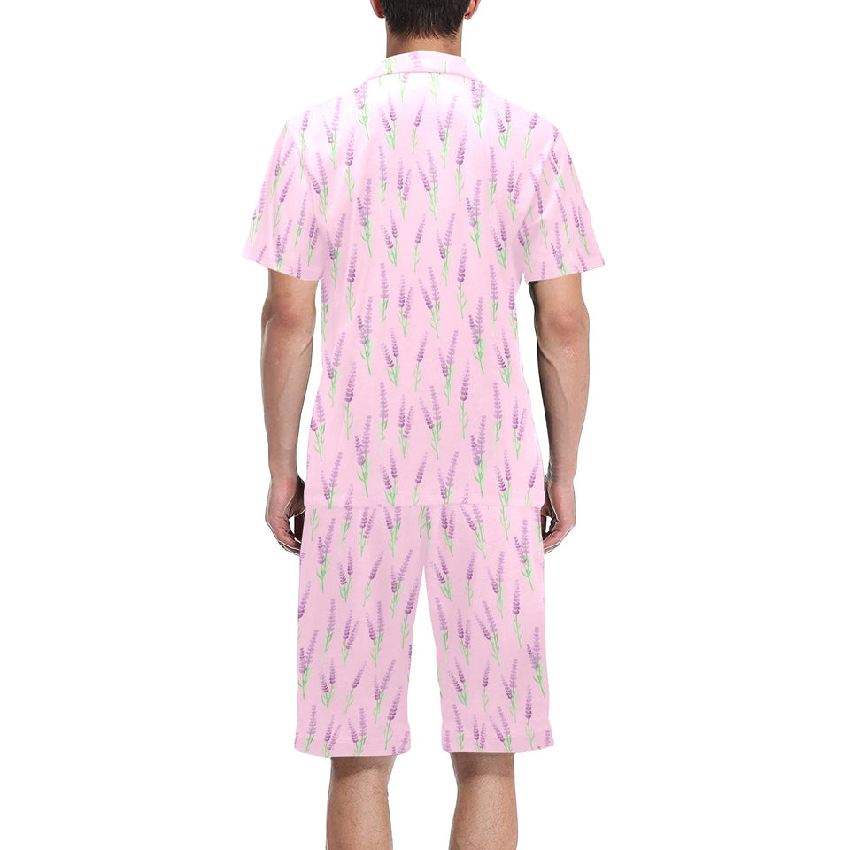 Lavender pattern pink background Men's V-Neck Short Pajama Set