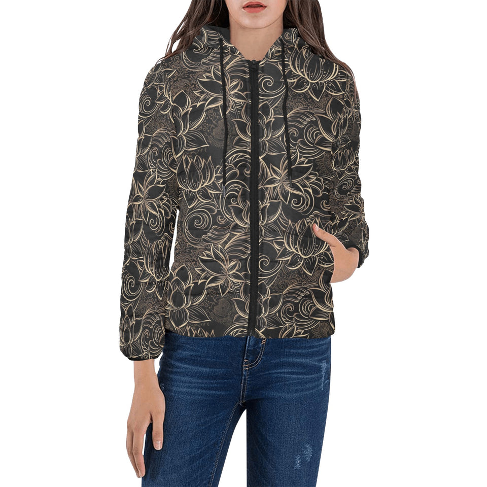 luxurious gold lotus waterlily black background Women's Padded Hooded Jacket