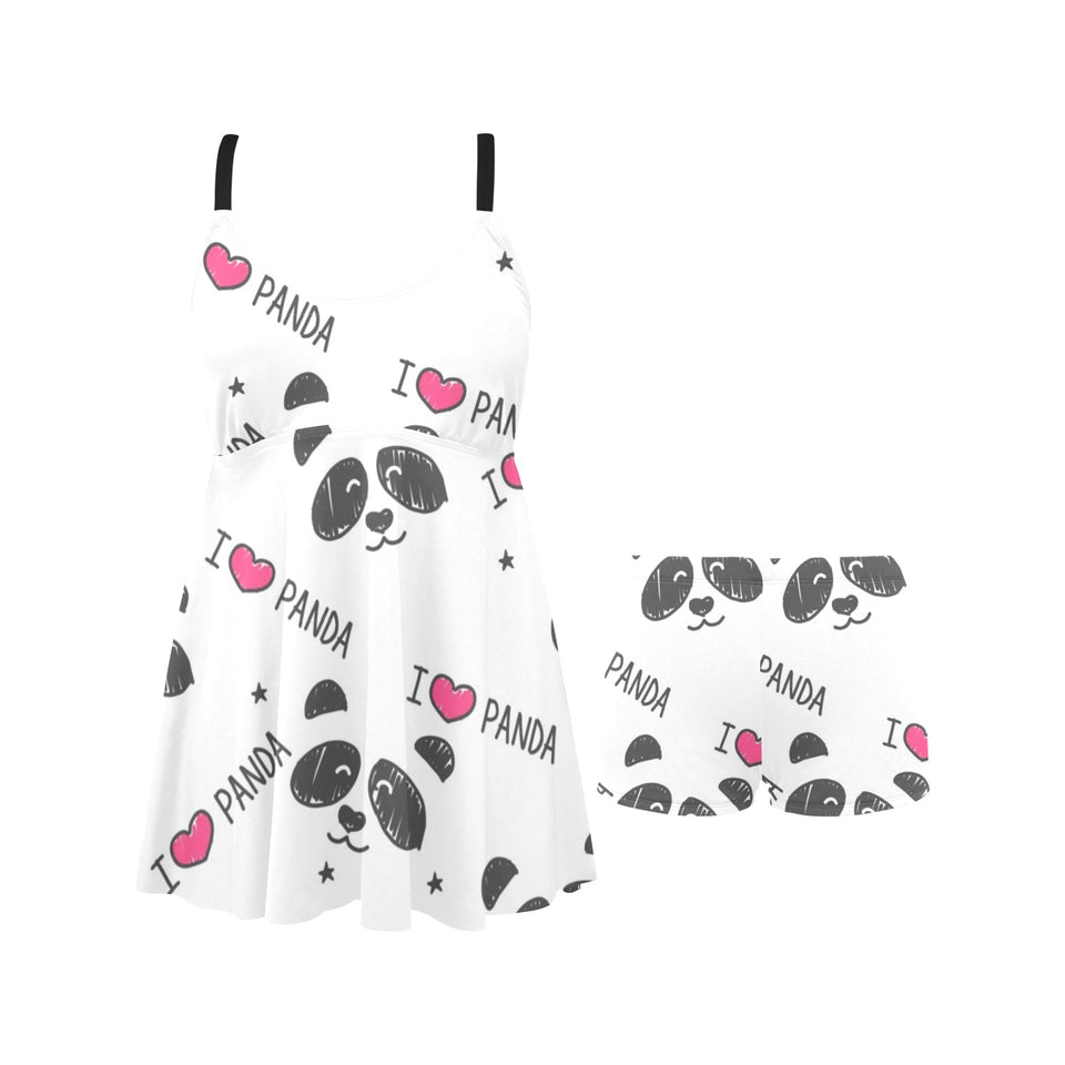 Hand Drawn faces of pandas pattern Chest Sexy Pleated Two Piece Swim Dress