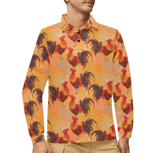 red rooster chicken cock pattern Men's Long Sleeve Polo Shirt