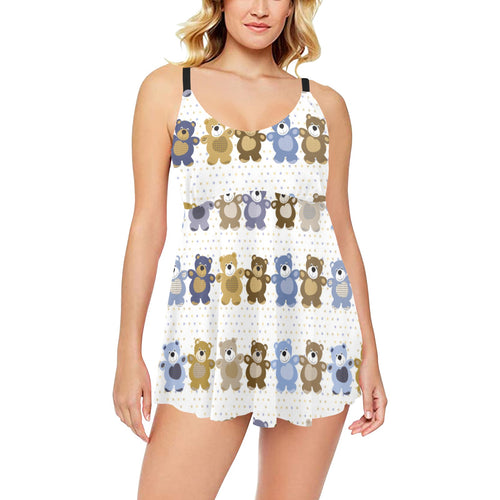 Teddy Bear Pattern Print Design 02 Chest Sexy Pleated Two Piece Swim Dress