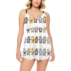 Teddy Bear Pattern Print Design 02 Chest Sexy Pleated Two Piece Swim Dress