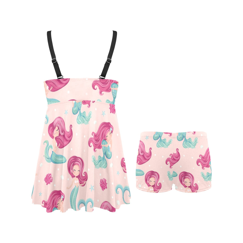 Cute little mermaid pattern Chest Sexy Pleated Two Piece Swim Dress