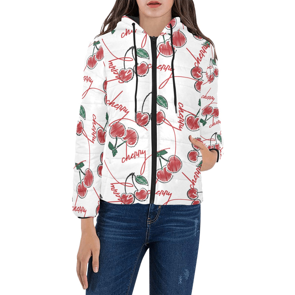 Hand drawn cherry pattern Women's Padded Hooded Jacket