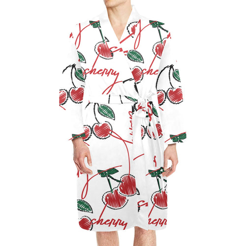 Hand drawn cherry pattern Men's Long Sleeve Belted Night Robe