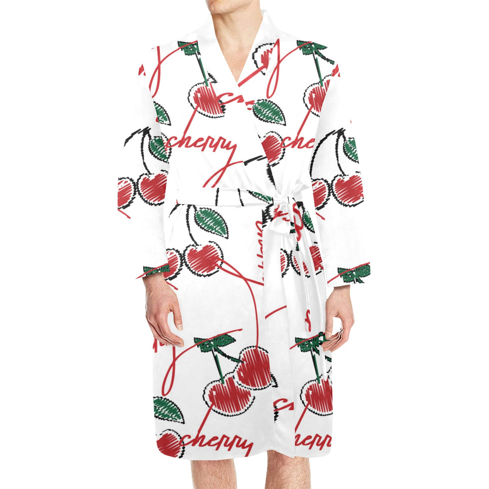 Hand drawn cherry pattern Men's Long Sleeve Belted Night Robe