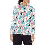 Toucan tropical flower leave pattern Women's Long Sleeve Polo Shirt