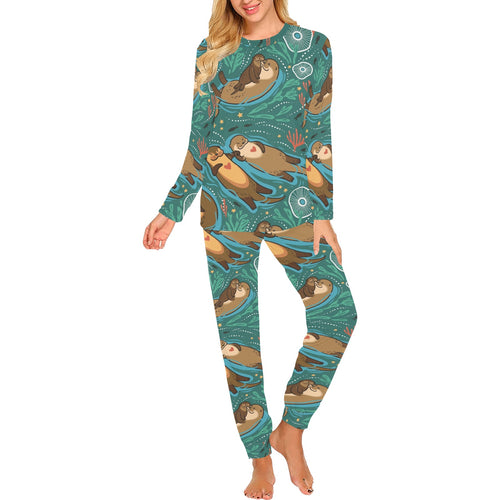 cute brown sea otters ornamental seaweed corals gr Women's All Over Print Pajama Set