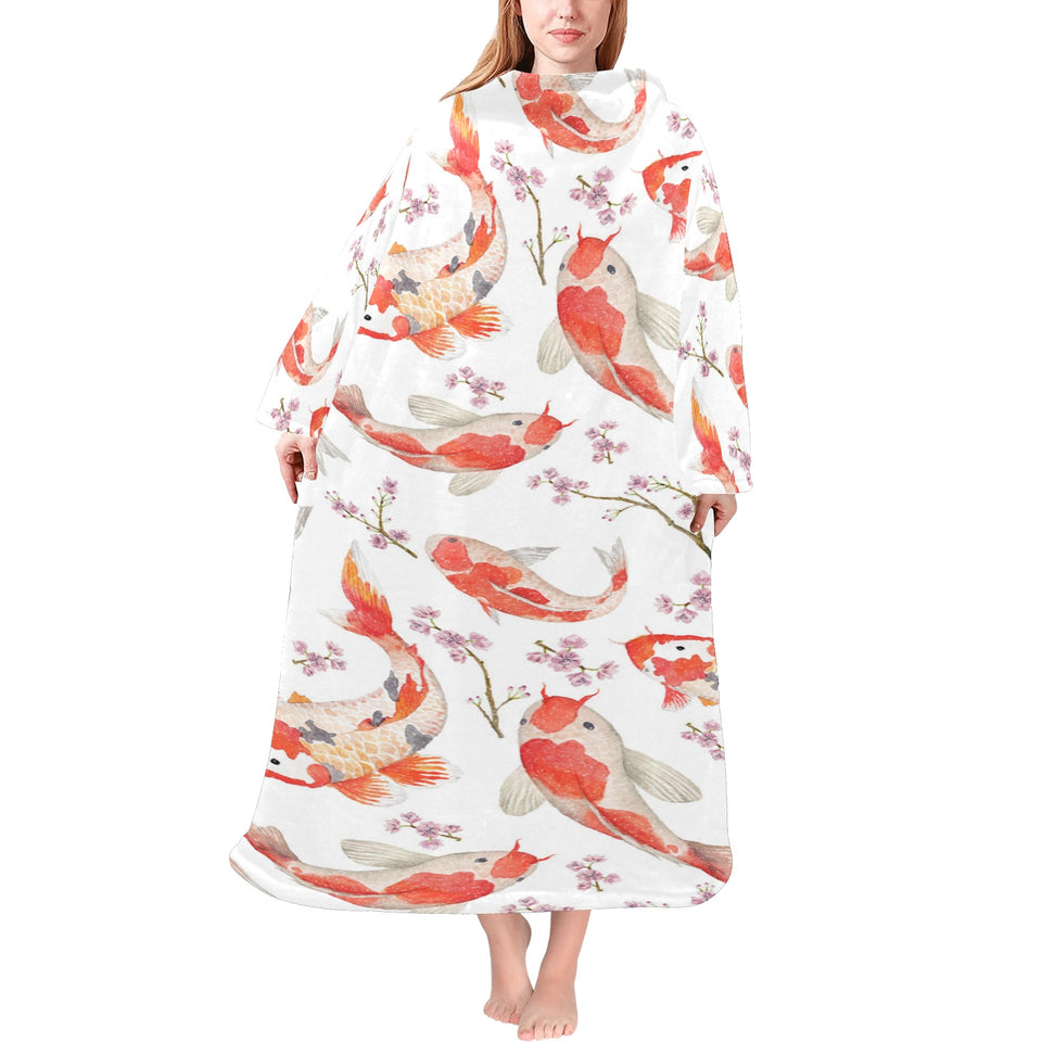 Watercolor Koi Fish Carp Fish pattern Blanket Robe with Sleeves