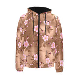 Pink sakura cherry blossom drak brown background Men's Padded Hooded Jacket
