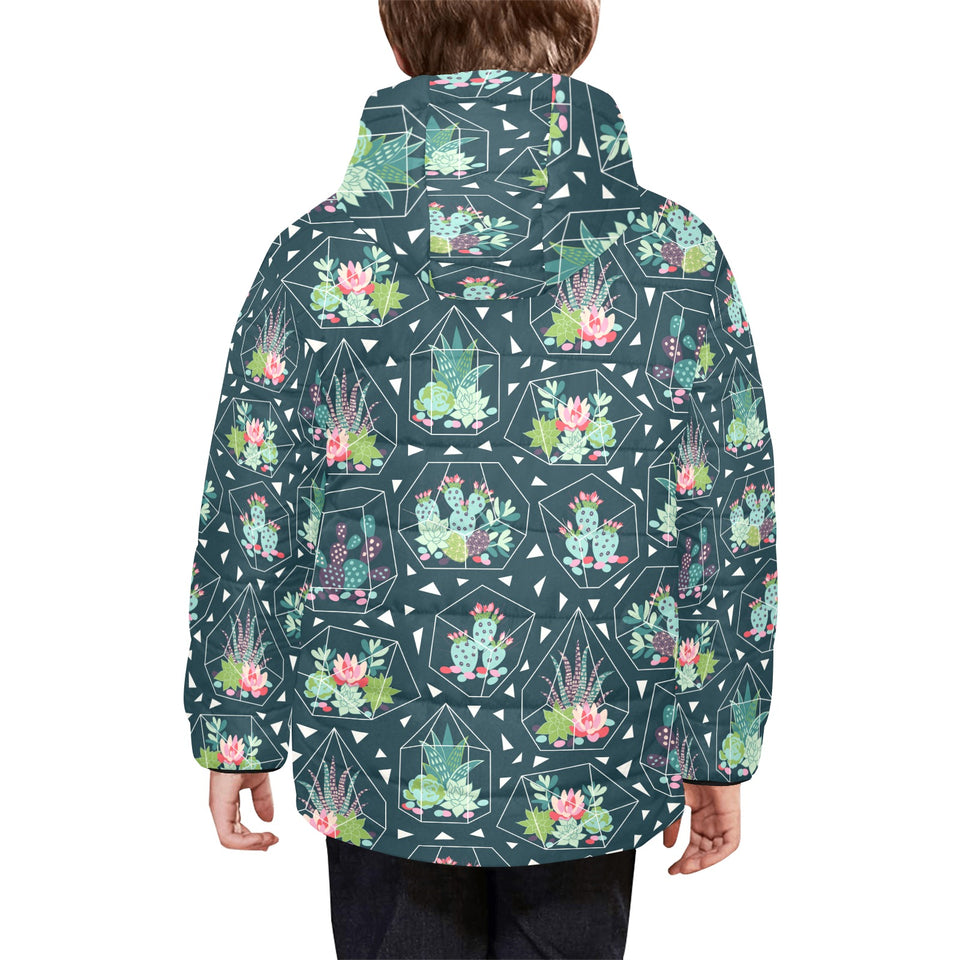 Cactus glass terrarium pattern Kids' Boys' Girls' Padded Hooded Jacket