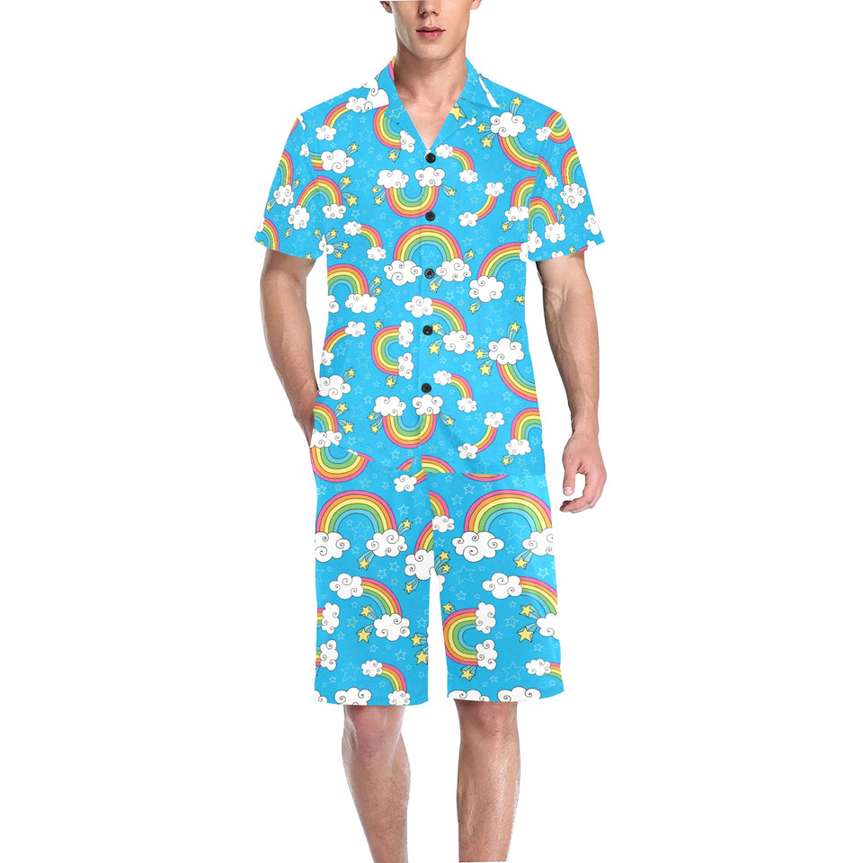 Rainbows Sky Clouds Pattern Men's V-Neck Short Pajama Set