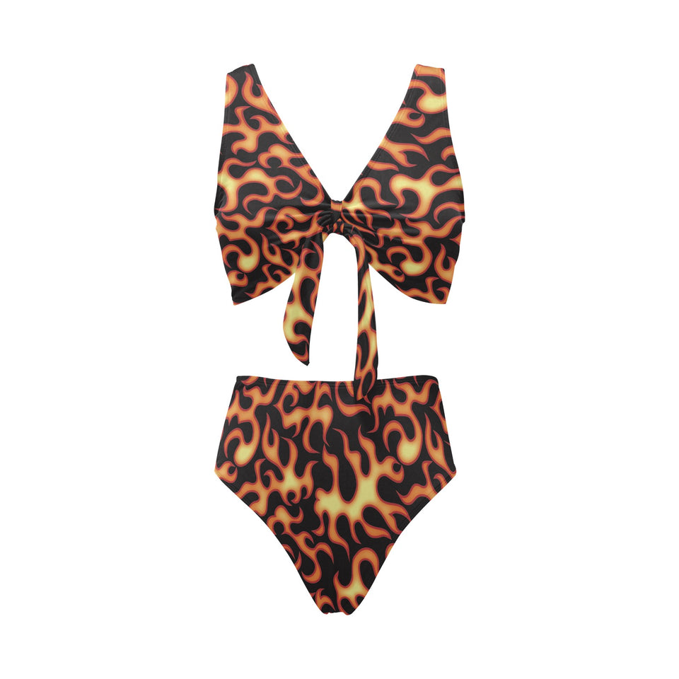 Fire flame dark pattern Chest Bowknot High Waisted Bikini Swimsuit