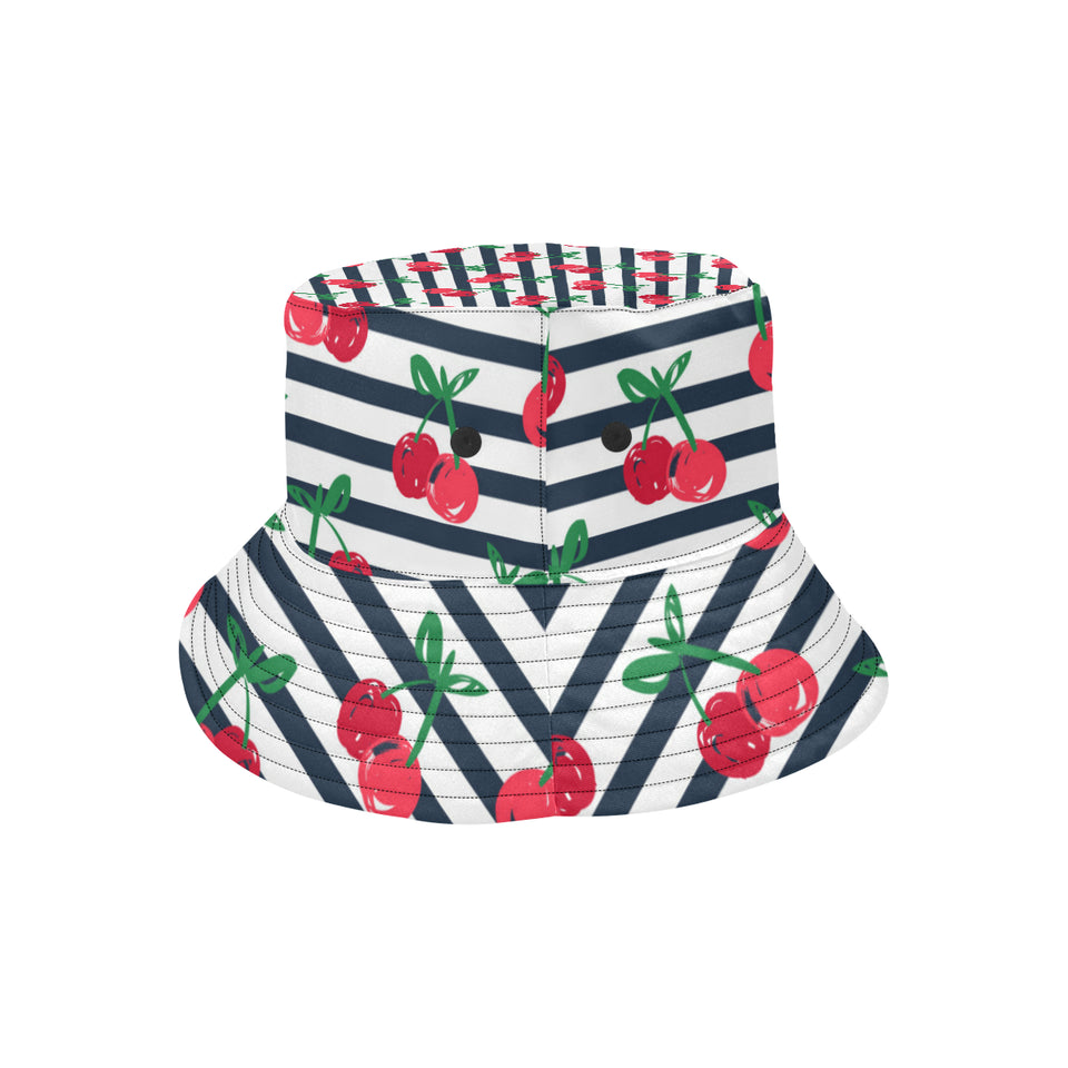 Hand drawn cherry pattern striped background Unisex Bucket Hat