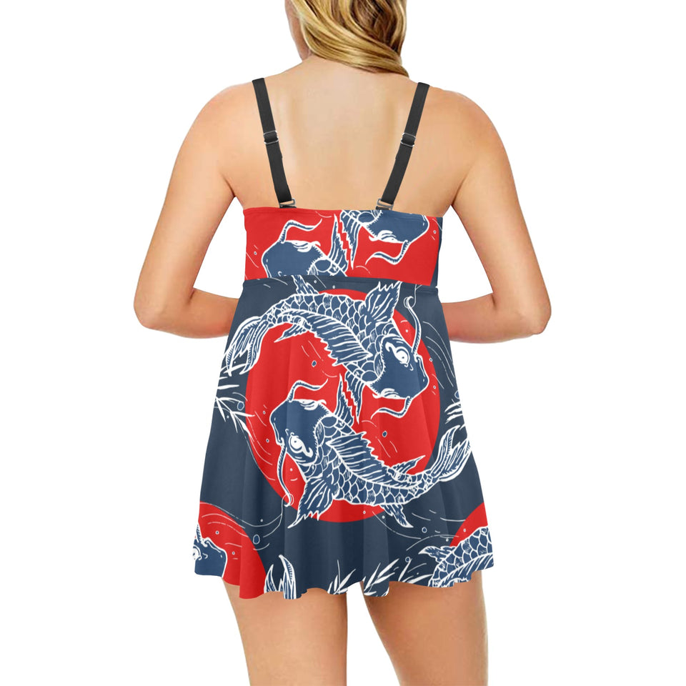 Koi Fish Carp Fishs hand drawn japanese art Chest Sexy Pleated Two Piece Swim Dress