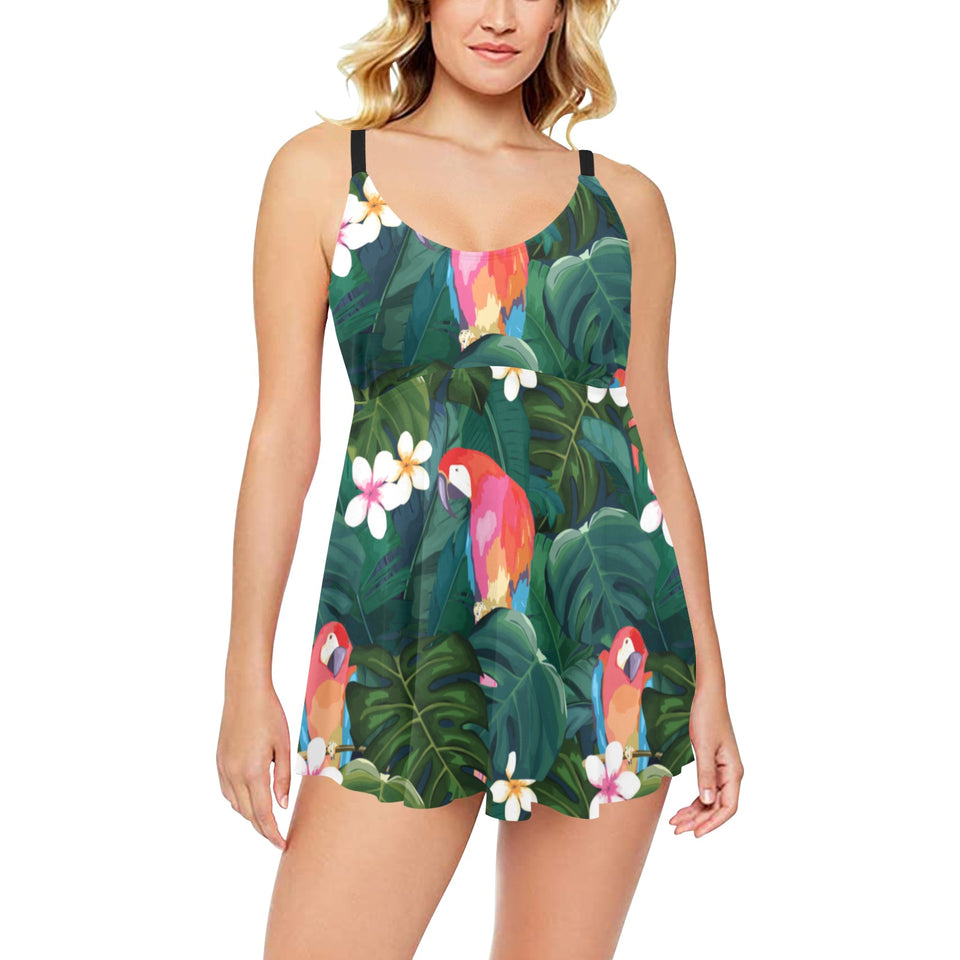 Parrot Palm tree leaves flower hibiscus pattern Chest Sexy Pleated Two Piece Swim Dress