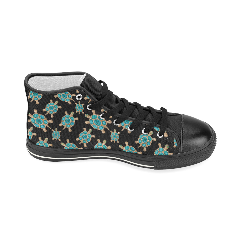 Sea turtle blue stone pattern Women's High Top Canvas Shoes Black