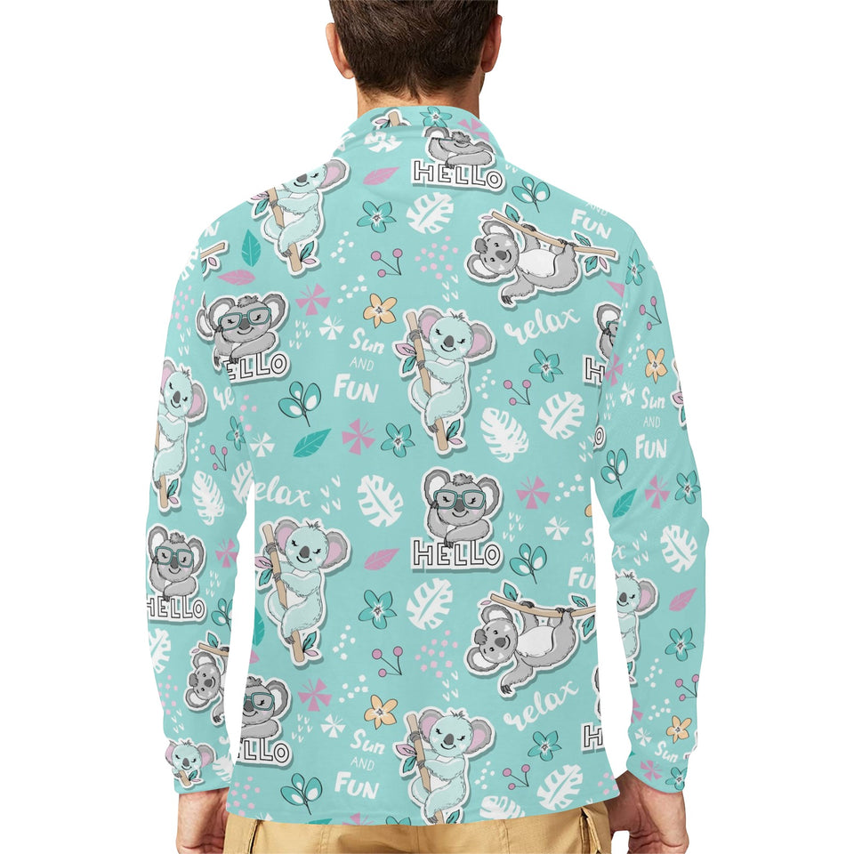 Cute koalas blue background pattern Men's Long Sleeve Polo Shirt