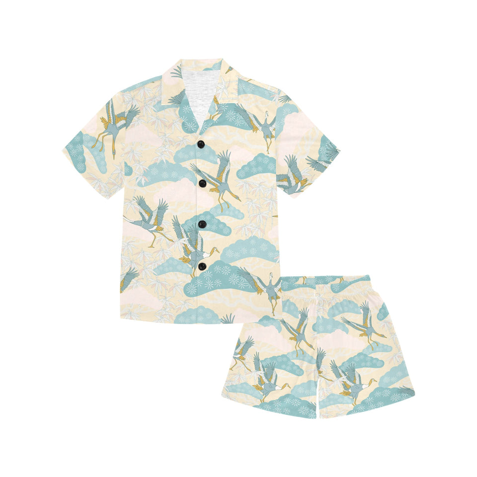 Bonsai bamboo stork japanese pattern cream theme Kids' Boys' Girls' V-Neck Short Pajama Set