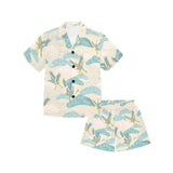 Bonsai bamboo stork japanese pattern cream theme Kids' Boys' Girls' V-Neck Short Pajama Set