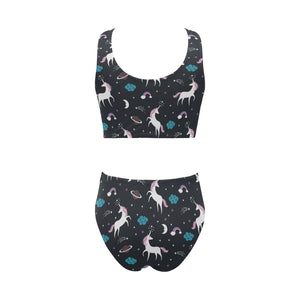 unicorn rainbows moon clound star pattern Chest Bowknot High Waisted Bikini Swimsuit