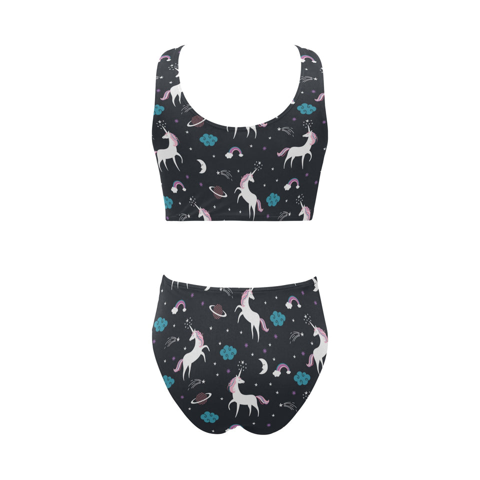 unicorn rainbows moon clound star pattern Chest Bowknot High Waisted Bikini Swimsuit