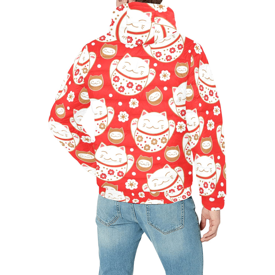 Cute Maneki neko cat red background Men's Padded Hooded Jacket