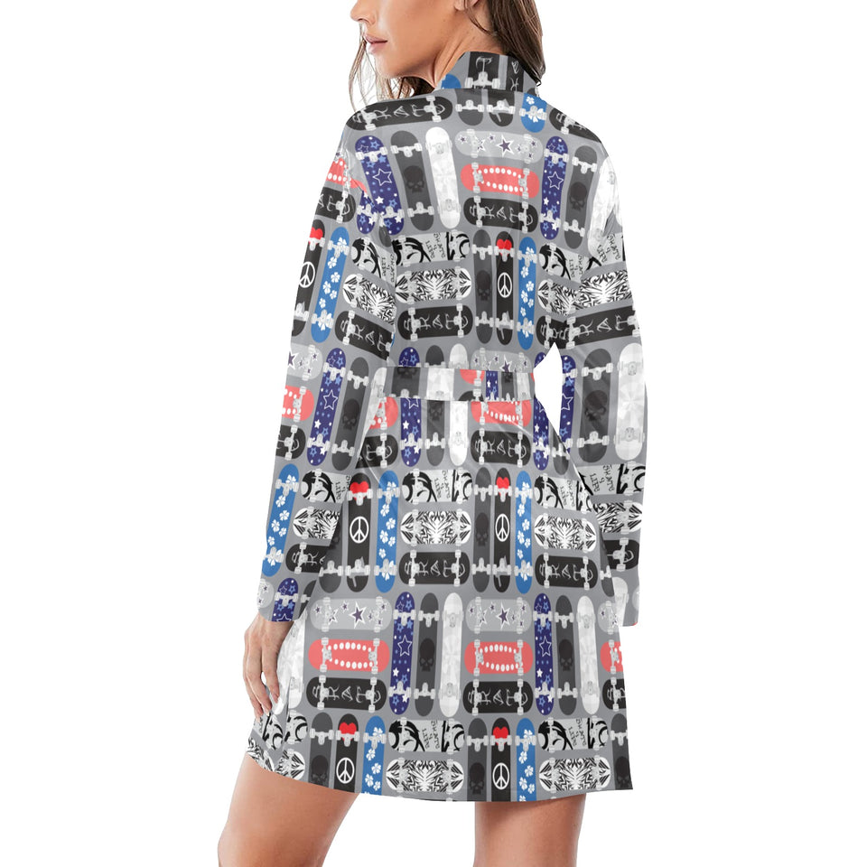 Skate Board Pattern Print Design 04 Women's Long Sleeve Belted Night Robe