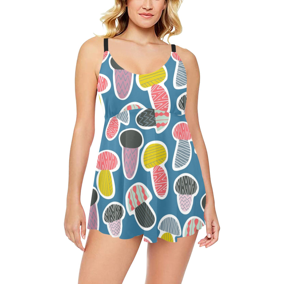 Colorful mushroom design pattern Chest Sexy Pleated Two Piece Swim Dress