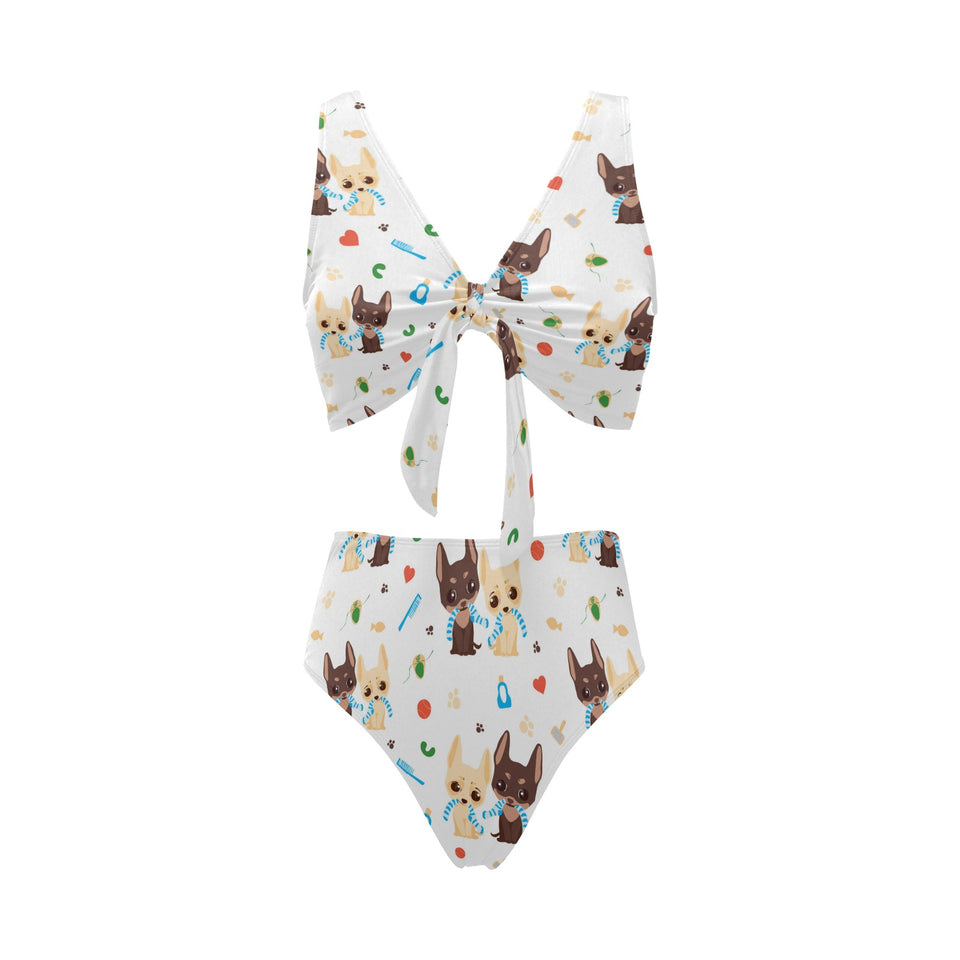Cute Chihuahua dog pattern Chest Bowknot High Waisted Bikini Swimsuit