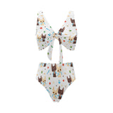 Cute Chihuahua dog pattern Chest Bowknot High Waisted Bikini Swimsuit