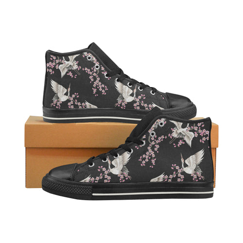 Japanese crane pink sakura pattern Women's High Top Canvas Shoes Black