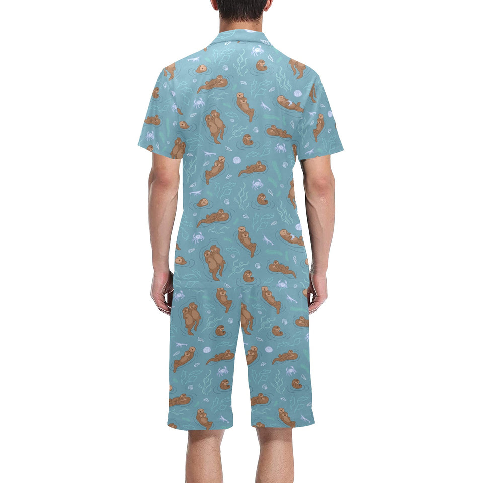 Sea otters pattern Men's V-Neck Short Pajama Set