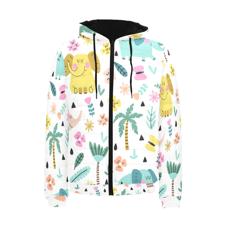 Cute elephants palm tree flower butterfly pattern Men's Padded Hooded Jacket