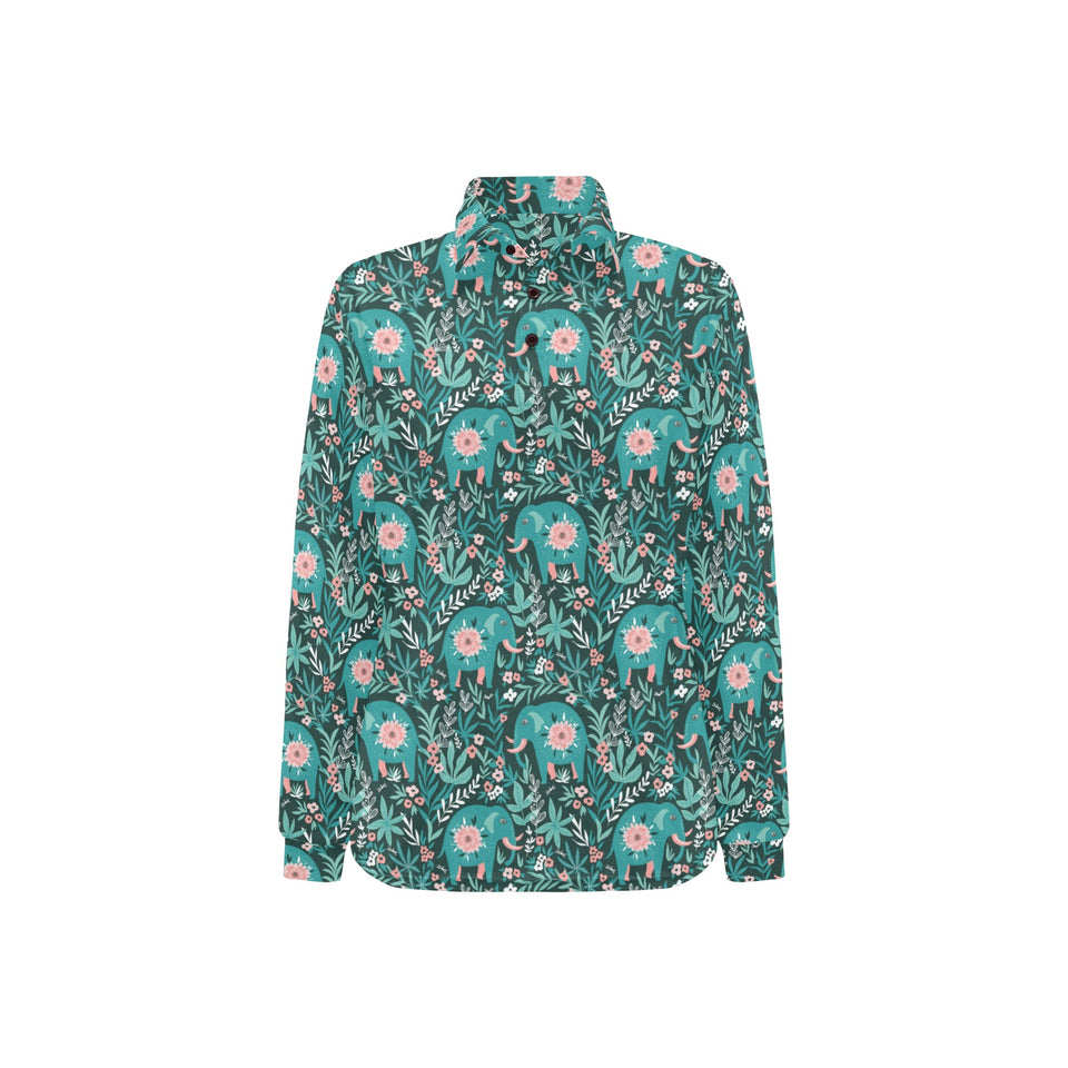 Elephants jungle pattern Women's Long Sleeve Polo Shirt