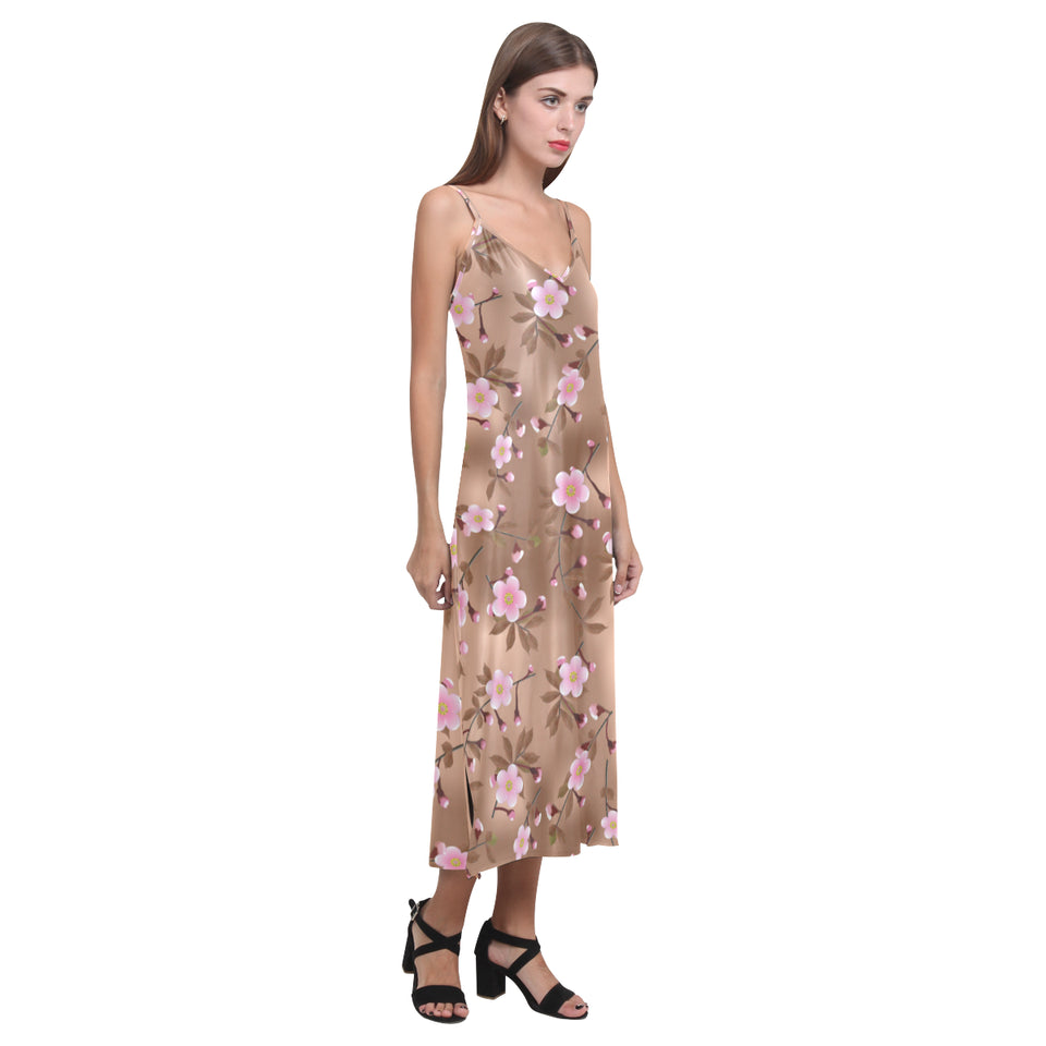 Pink sakura cherry blossom drak brown background V-Neck Open Fork Long Dress