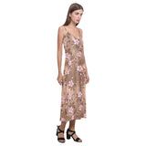 Pink sakura cherry blossom drak brown background V-Neck Open Fork Long Dress