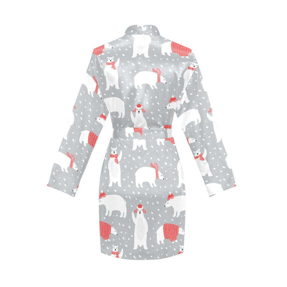 Cute polar bear christmas snow pattern Women's Long Sleeve Belted Night Robe