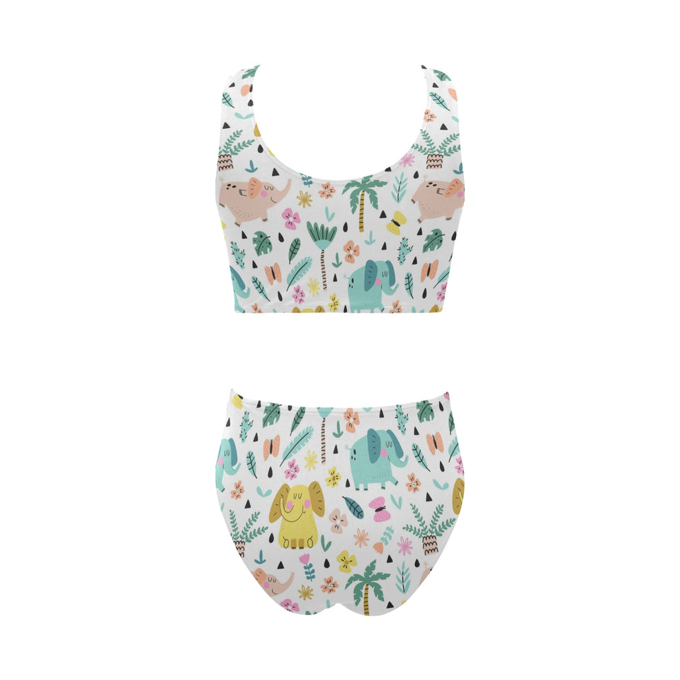 Cute elephants palm tree flower butterfly pattern Chest Bowknot High Waisted Bikini Swimsuit