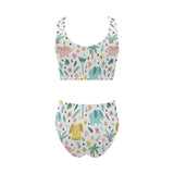 Cute elephants palm tree flower butterfly pattern Chest Bowknot High Waisted Bikini Swimsuit