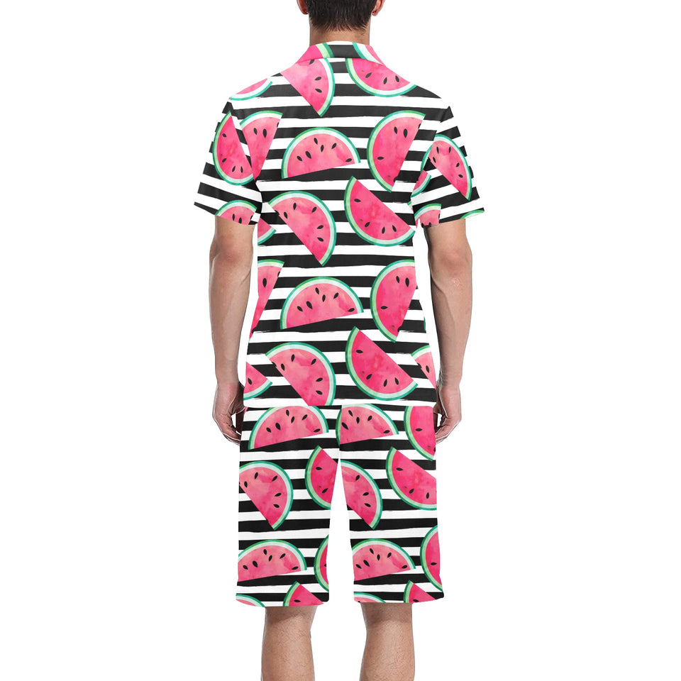 Watercolor paint textured watermelon pieces Men's V-Neck Short Pajama Set
