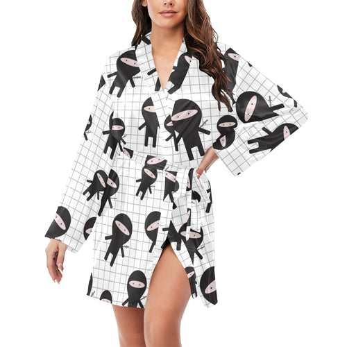Ninja pattern plaid background Women's Long Sleeve Belted Night Robe