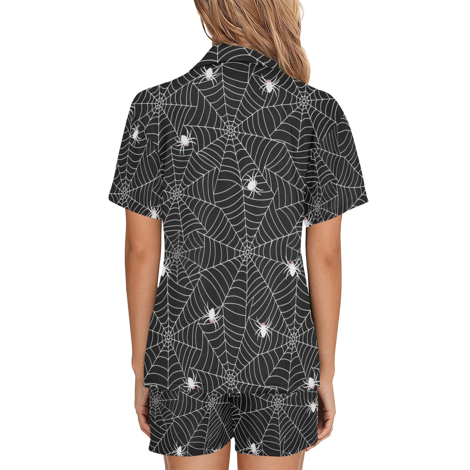 Spider web design pattern Black background white c Women's V-Neck Short Pajama Set