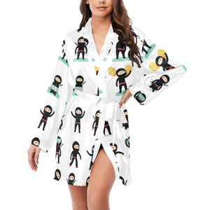 Cute ninja katana sword pattern Women's Long Sleeve Belted Night Robe