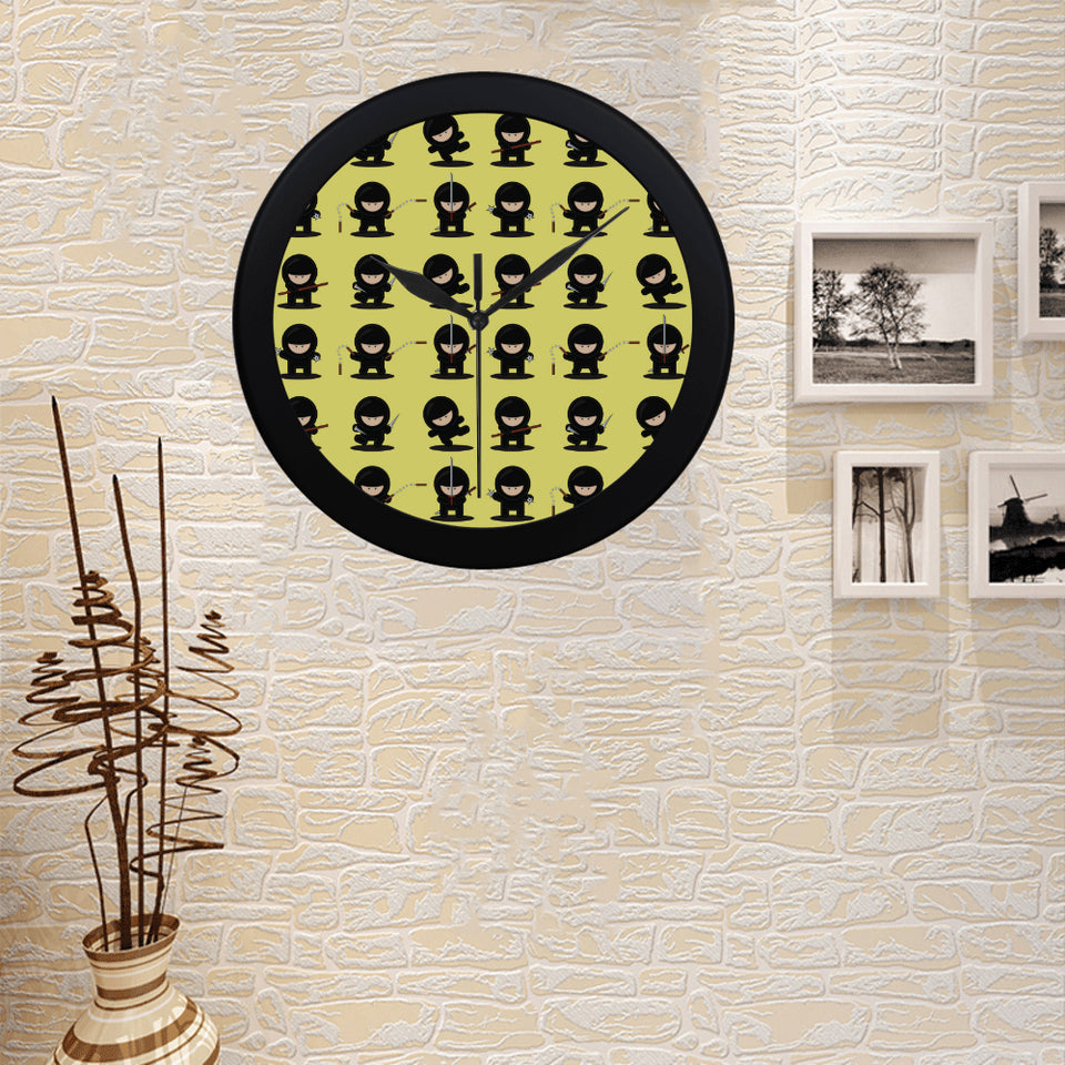 Cute ninja yellow background Elegant Black Wall Clock