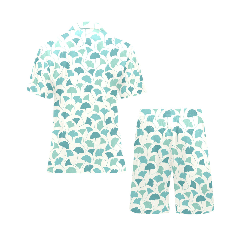 Green ginkgo leaves pattern Men's V-Neck Short Pajama Set