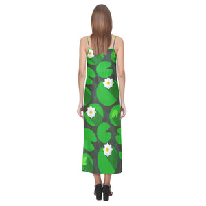 Frog waterlily pattern V-Neck Open Fork Long Dress