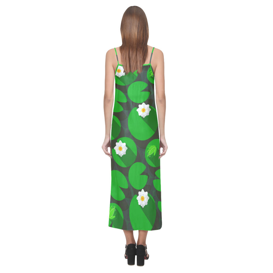 Frog waterlily pattern V-Neck Open Fork Long Dress