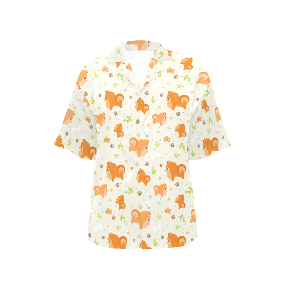 Cute brown pomeranian paw leave bone pattern Women's All Over Print Hawaiian Shirt